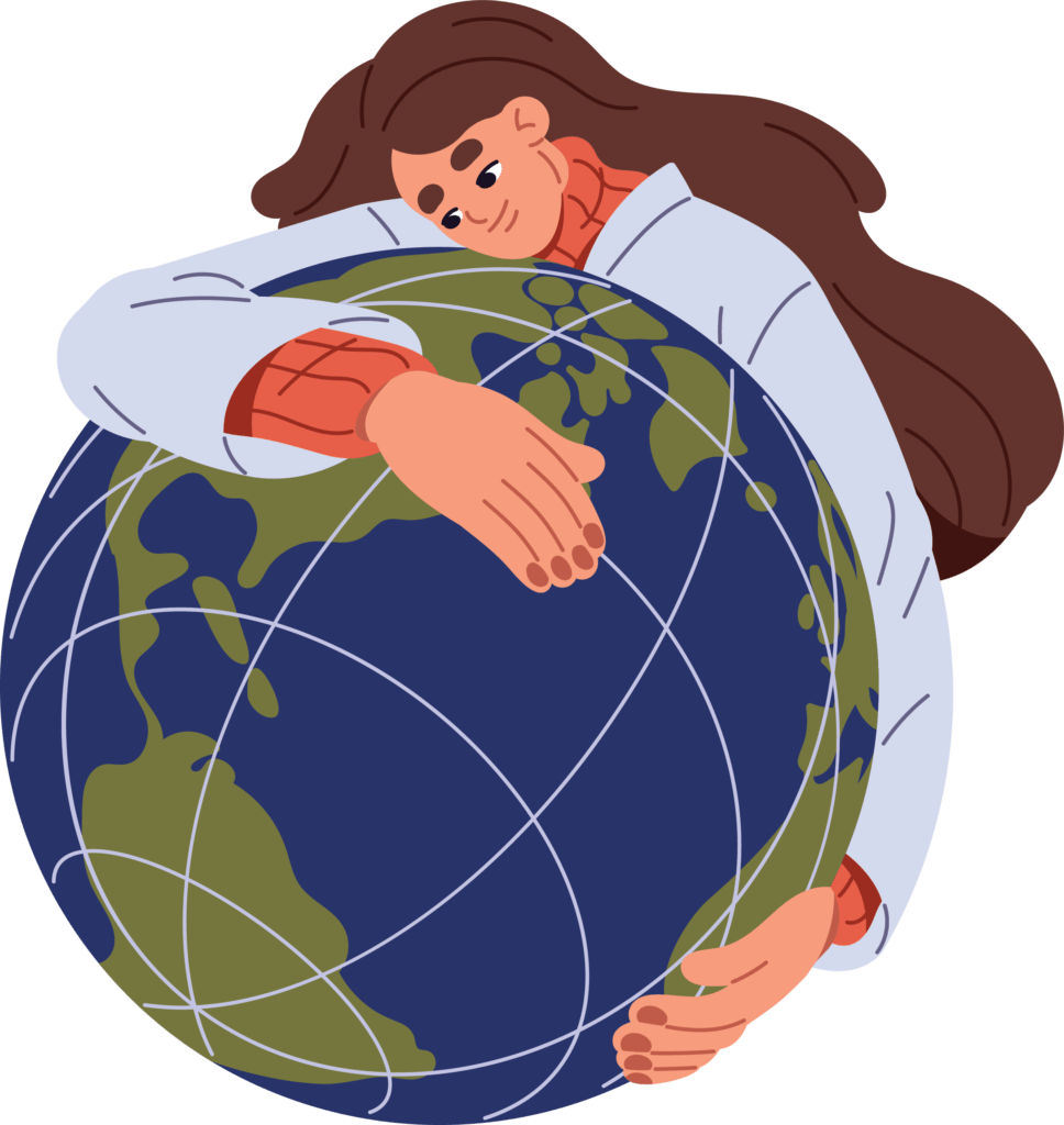 Animated image of a girl tenderly hugging the Earth, symbolizing a compassionate connection and commitment to environmental stewardship.